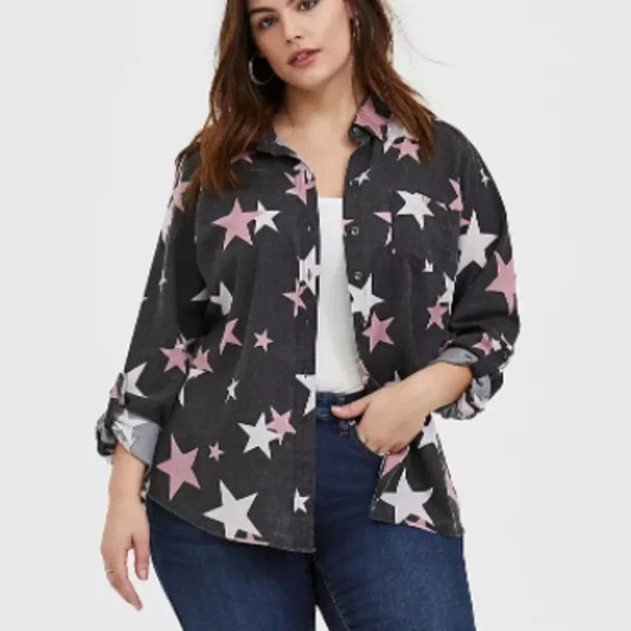 Torrid Taylor Black Burnout Star Print Button Front Shirt Women's Plus Size 1X - Picture 2 of 9